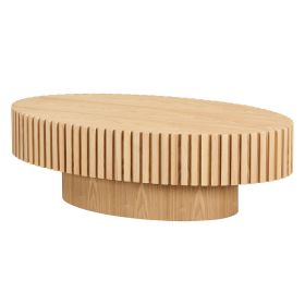 Modern Handcraft Drum Coffee Table Length 43.7 inch Ellipse Coffee Table for Living Room,Oval Small Coffee Table with Sturdy Pedestal,Natural Ash MDF