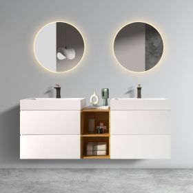 U063-ALICE72W-201 Alice 72" White Bathroom Vanity with Double Sinks and Open Shelf, Modern Wall Mounted Floating Bathroom Vanity