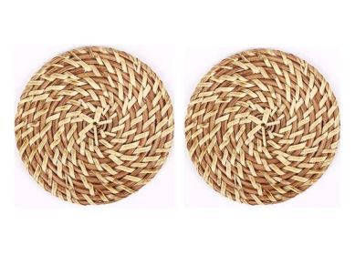 Set Of 2 Natural Round Rattan Placemats Insulation Pad,Natural Color,16 CM