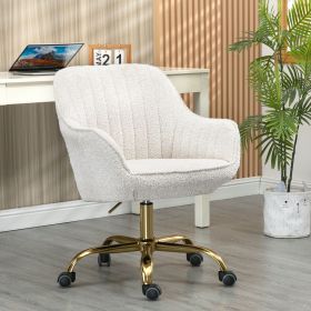 360° Beige Boucle Fabric Swivel Chair With High Back, Adjustable Working Chair With Golden Color Base