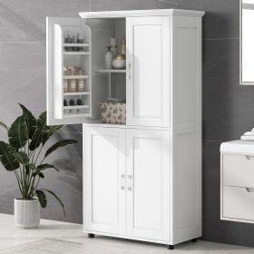 Tall and Wide Bathroom Floor Storage Cabinet, Bathroom Storage Unit, Freestanding Cabinet with 4 Doors, Adjustable Shelves, White