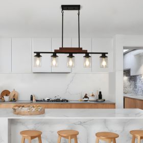 Farmhouse Industrial 5-Light Kitchen Island Pendant Light, Metal Wood Chandelier with Clear Glass Shades