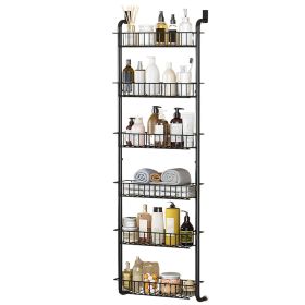 6 Tier Over Door Pantry Organizer Hanging Hooks Door Storage Rack Carbon Steel Basket 62.99in Over Door Shelf for Kitchen Bathroom (Color: Black)