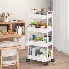 Rolling Utility Cart Movable Storage Organizer with Drawer Lockable Wheels 360 Degree Rotatable Hallow Design for Bedroom Bathroom Kitchen (Tier: 4 Tier, Color: White)