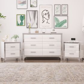 3-Pieces Sets,Dresser and Two Nightstands with Metal Handles and Mirror Decoration, Elegant (Color: White, Material: MDF)