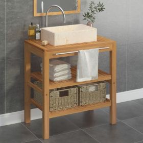 Bathroom Vanity Cabinet Solid Teak with Sink Marble Cream (Color: Brown)