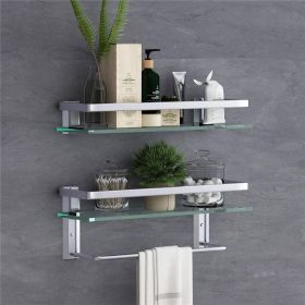 Glass Bathroom Shelf 15.7in Bathroom Shelf Wall Mounted Floating Glass Shelves with Towel Holder Glass Shower Shelf 2 Tier (Color: Sliver)