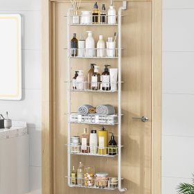 6 Tier Over Door Pantry Organizer Hanging Hooks Door Storage Rack Carbon Steel Basket 62.99in Over Door Shelf for Kitchen Bathroom (Color: White)