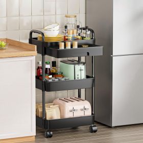 Rolling Utility Cart Movable Storage Organizer with Drawer Lockable Wheels 360 Degree Rotatable Hallow Design for Bedroom Bathroom Kitchen (Tier: 3 Tier, Color: Black)