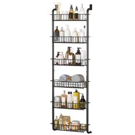 6 Tier Over Door Pantry Organizer Hanging Hooks Door Storage Rack Carbon Steel Basket 62.99in Over Door Shelf for Kitchen Bathroom (Color: Black)